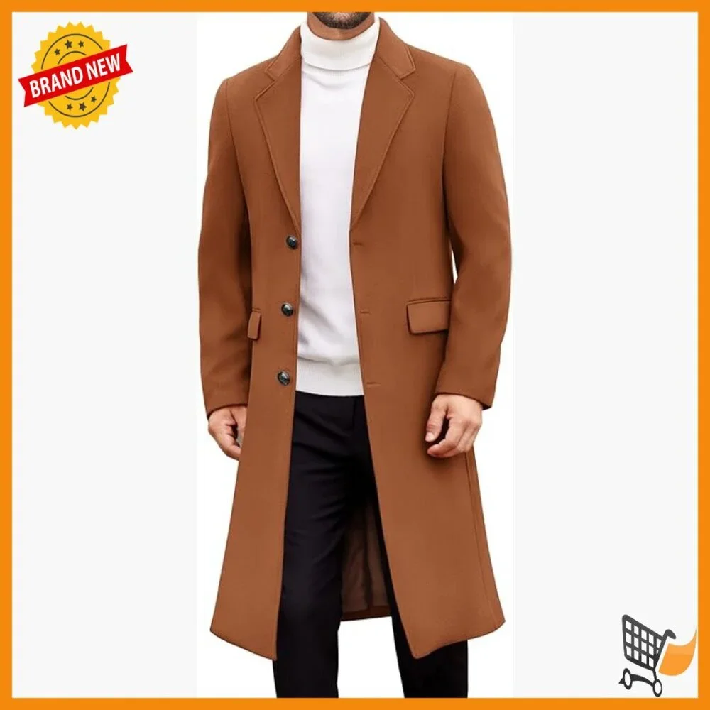Men's Wool Blend Trench Coat Long Overcoat Notched Collar Classic Fit